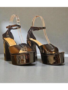 Metallic Black Platform High Heel Ankle Strap Sandals Glossy Patent Faux Leather